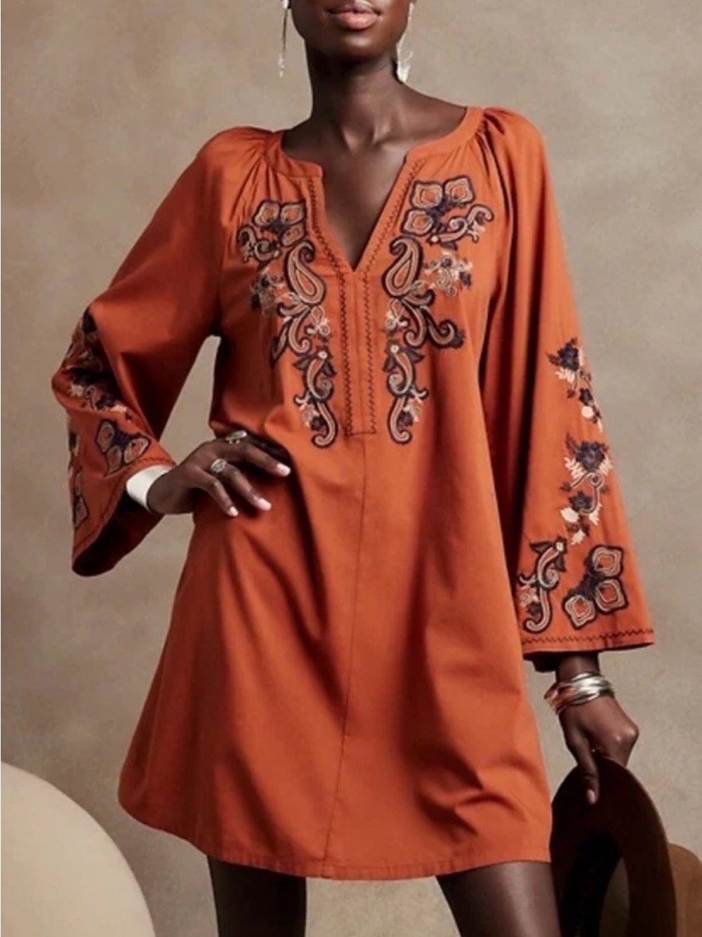Banana Republic Rust Embroidered V-Neck Tunic dress
